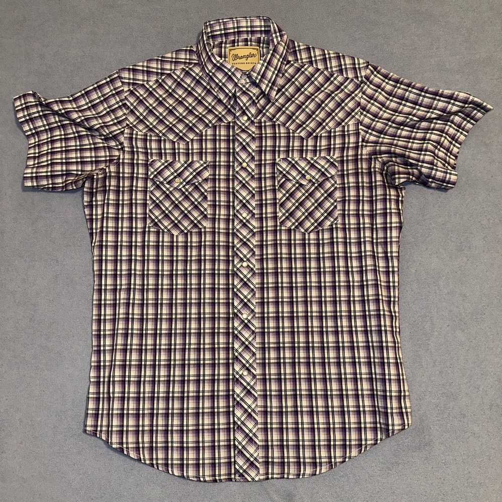 Wrangler Woven Western Button Up Shirt Short Sleeve Plaid Purple Mens Size L